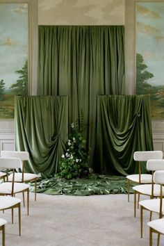 Evergreen Wedding, Draping Wedding, Green Drapes, Velvet Drapes, Event Furniture, Green Backdrops, Mossy Green, Event Branding, Neutral Wedding