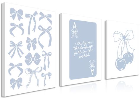 PRICES MAY VARY. Trendy Preppy Wall Art Set：Elevate your room with this Trendy Preppy Canvas Wall Art Set of 3. Featuring light blue bow designs and charming "How Lucky Are We" poker-themed prints, these wall decor paintings bring a sophisticated yet playful touch to any space. Perfect for adding a unique flair to dorm rooms, college apartments, or bedrooms, creating a chic and modern look. Versatile Blue Wall Art：The light blue and white color palette of this wall art set complements various de Preppy Blue Room Decor, Greece Themed Room, Coquette Room Posters, Cute Wall Decor Bedroom, Blue Decor Bedroom, Aesthetic Bedroom Posters, Blue And White Bedroom Decor, Flower Nursery Theme, Room Trinkets