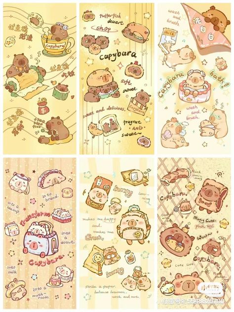 Aesthetic Capybara Wallpaper, Capybara Collage Wallpaper, Capybara Collage, Cute Capybara Drawing Wallpaper, Capybara Illustration Cute, Kawaii Capybara, Making Stickers, Stickers Aesthetic, Stickers Kawaii