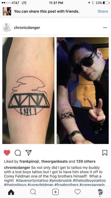 My sick Lost Boys tattoo getting the approval from Corey Feldman Lost Boys Tattoo Vampire, The Lost Boys Tattoo Ideas, Stand By Me Tattoo, Gnarly Tattoos, Lost Boys Tattoo, Boys Tattoo, Bird Tattoo Sleeves, Bridge Tattoo, Corey Feldman