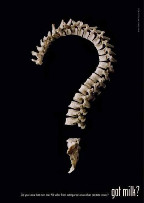 1. What is graphic design? What is the purpose of graphic design. This is a smart ad because it's playing off the question mark. This is an ad for got milk?, and its showing in the form of a spine that this could happen without milk. Question Mark Design, Human Ribs, What Is Graphic Design, Healthcare Ads, Healthcare Advertising, Spine Design, Recruitment Ads, A Question Mark, Food Web Design