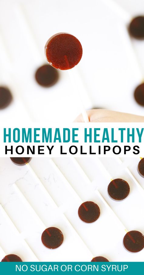 Find out just how easy it is to make your own healthy homemade honey lollipops with lemon essential oils. These sweet treats are perfect for soothing a sore throat and helping little ones feel better when they have a cough or cold. Honey lollipops are also great for gifting or stirring into your favorite cup of tea. With no added sugar or corn syrup, these are the healthiest lollipops can get! Honey Lollipops, Homemade Gummies, Homemade Lollipops, Sugar Free Honey, Diy Honey, Lollipop Recipe, Healthy Homemade Snacks, Healthy Candy, Honey Candy