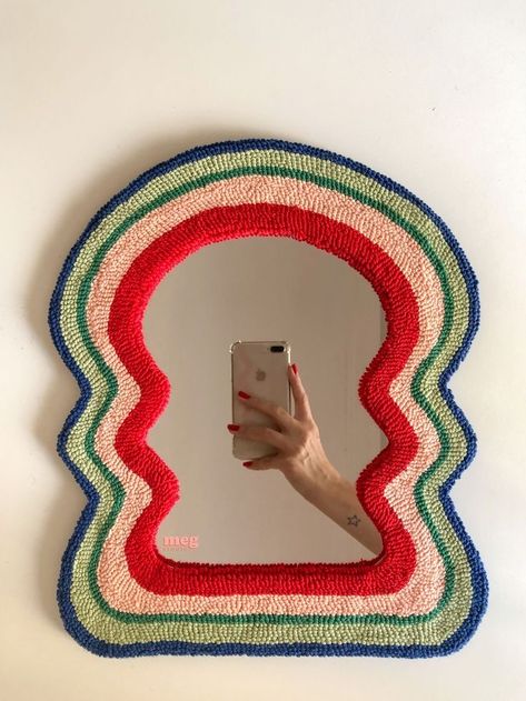 Crazy Interior Design, Tufting Mirror, Punch Needle Mirror, Funny Embroidery Patterns, Tufted Mirror, Tufting Art, Tufting Diy, Colorful Mirror, Mirror Decor Living Room