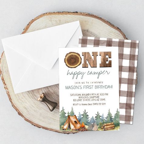 Camping One Happy Camper Boys 1St Birthday Invitation #zazzle #weddinginvitations #birthdayinvitations #babyshowerinvitations #zazzleinvitations #monogram #businesscards #graduation #homedecor One Happy Camper, Forest Camping, One Year Birthday, 1st Birthday Invitation, Camping Birthday, Woodland Forest, Baby Birthday Party, 1st Birthday Invitations, First Birthday Invitations