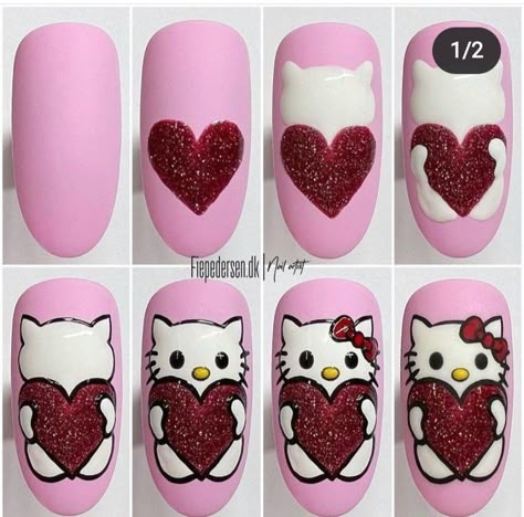 Nail Art Dessin, Spring Nails Art, Hello Kitty Nails Art, Quick Nail Art, Beach Nail Art, Heart Nail Designs, Art Deco Nails, Valentine Nail Art, Nail Drawing