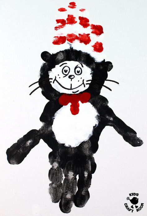 CAT IN THE HAT HANDPRINT CRAFTS - Are you a Cat In The Hat fan? These Dr Seuss handprint crafts are super fun! Print them on a canvas for the wall or add a popsicle stick to turn them into puppets! Great for World Book Day and Dr Seuss' birthday celebrations. #WorldBookDay #DrSeuss #CatInTheHat #KidsCrafts #handprintcrafts #handprintart #bookcrafts #kidsliterature #KidsArt #craftsforkids #thecatinthehat #kidsbooks #bookart #bookcrafts #kidscraftroom #handprint #painting Dr Seuss Classroom Door, Dr Seuss Preschool Activities, Handprint Painting, Dr Seuss Art, Dr Seuss Preschool, Dr Seuss Classroom, Dr Seuss Crafts, Dr Seuss Activities, March Crafts