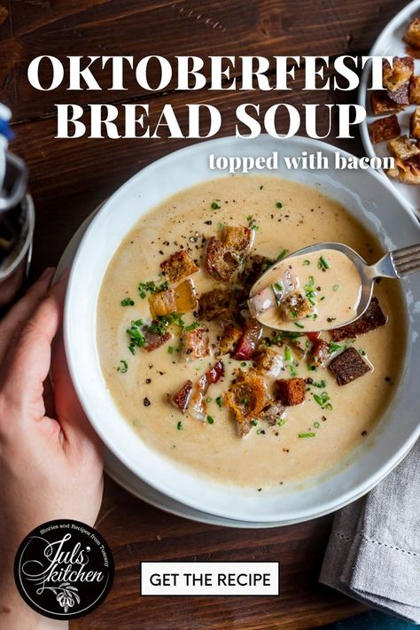 A bowl of soup topped with croutons and bacon, with text: Oktoberfest Bread Soup topped with bacon. Get the recipe. Octoberfest Stew, Beer Brat Soup, October Fest Stew, Oktoberfest Soup, Gluten Free Octoberfest Food, Oktoberfest Stew, Octoberfest Stew With German Lager, German Pumpkin Soup, German Soup Recipes