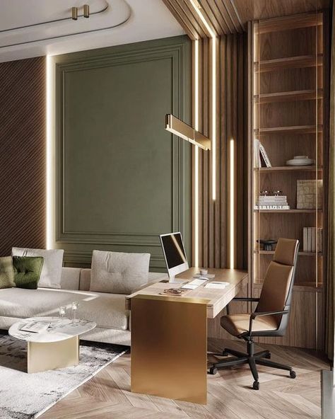 INSPLOSION on Instagram: "Dive into a sophisticated and contemporary workspace adorned with serene green hues and warm wooden accents. This meticulously crafted office setting provides the ideal atmosphere to enhance concentration and transform your ambitious projects into reality. 🌿 Designed with flair by @rublevadesign 📌 Find trending decor details and ideas 👉🏼 link in bio #insplosion #luxuryhouses #luxuryrooms #covethouse #covetgroup #office #officedesign #officefurniture #officespace #officeinspo #modernoffice #interiortrends #interiors123 #designinspiration #creativeinteriors #interiorstyling #arquitectura #interiorarchitecture #interiorarchitectures #vogueliving #modernofficedesign #modernoffices #modernofficefurniture #modernofficeinspo" Office In Living Room Ideas, Home Office In Living Room, Office In Living Room, Cloffice Ideas, Chic Workspace, Modern Home Offices, Sleek Desk, Small Space Office, Small Space Bedroom