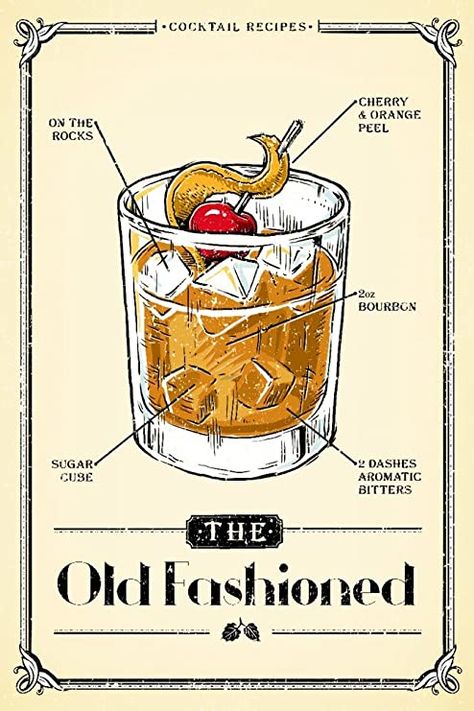 Basement Speakeasy, Old Fashioned Drink, Speakeasy Bar, Cocktail Illustration, Aromatic Bitters, Cocktail Poster, Fashion Art Prints, Cocktail Art, Large Framed Prints