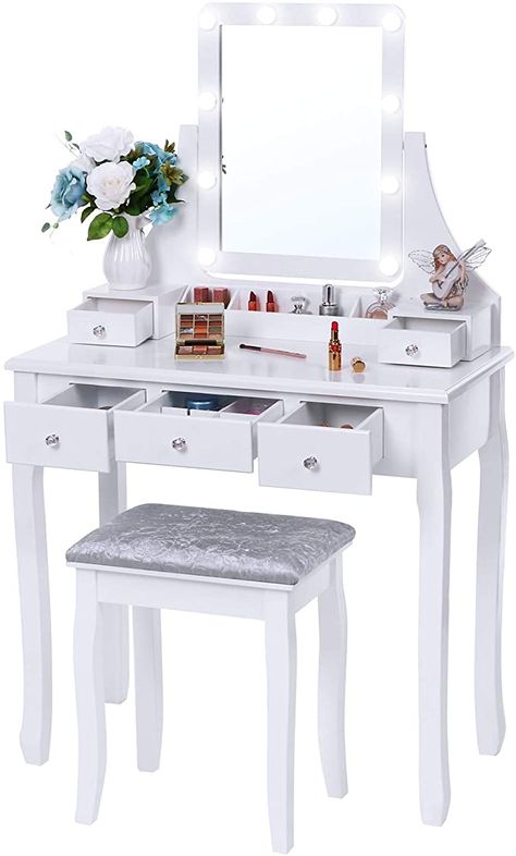 Amazon.com: BEWISHOME Vanity Set with Lighted Mirror, 10 LED Dimmable Bulbs, Cushioned Stool, Makeup Vanity Makeup Table Dressing Table 5 Drawers 2 Dividers Removable Organizers White FST08W: Furniture & Decor White Vanity Desk, Makeup Vanity Lighting, Vanity Makeup Table, Beauty Station, Table Makeup, Lighted Vanity, Vanity Benches, Large Vanity, Table Dressing