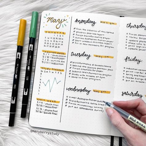 Bullet Journal Inspiration | IG: @maryberrystudy #bulletjournal #bujo #bujojunkies Bullet Journal Weekly Layout, Bullet Journal Minimalist, Bullet Journal 2020, Bullet Journal Weekly, Bullet Journal Weekly Spread, Journal Spreads, Bullet Journal Mood, Bullet Journal Aesthetic, Bullet Journal Notebook