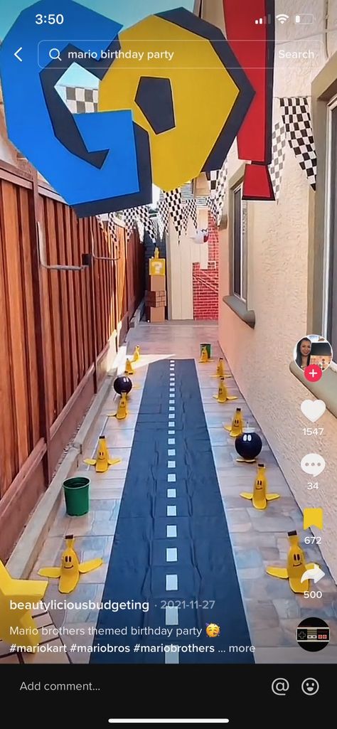 Mario Cart Office Decorations, Mario Party Entrance, Rainbow Road Mario Kart Party, Mario Kart Rainbow Road Trunk Or Treat, Mario Cart Obstacle Course, Mario Kart Office Decorations, Mario Kart Obstacle Course, Mario Cart Decorations Diy, Mario Kart Race Track Diy