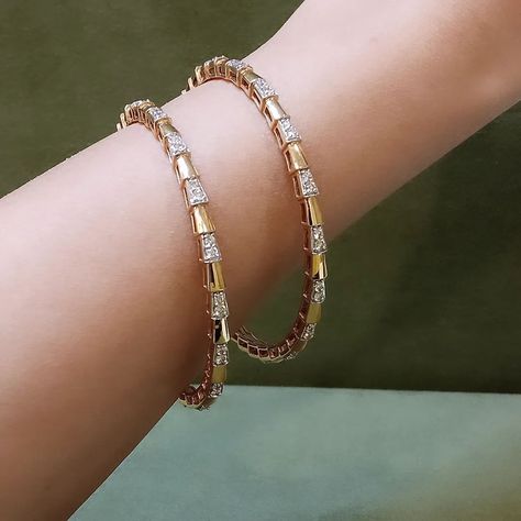 Diamond and Gold Bangle Bracelets. 18Kt Yellow Gold. Price ₹ 2,45,000/- These beautiful bangles are a perfect blend of sophistication and style. ✨ #luxuryjewelry #goldbangles #diamondbracelet #highjewelry Diamond Bangles, Gold Jewelry Prom, Gold Bangles Indian, New Gold Jewellery Designs, Diamond Bracelet Design, Art Jewelry Design, Fancy Jewellery Designs, Bangles Making, Gold Bangles Design