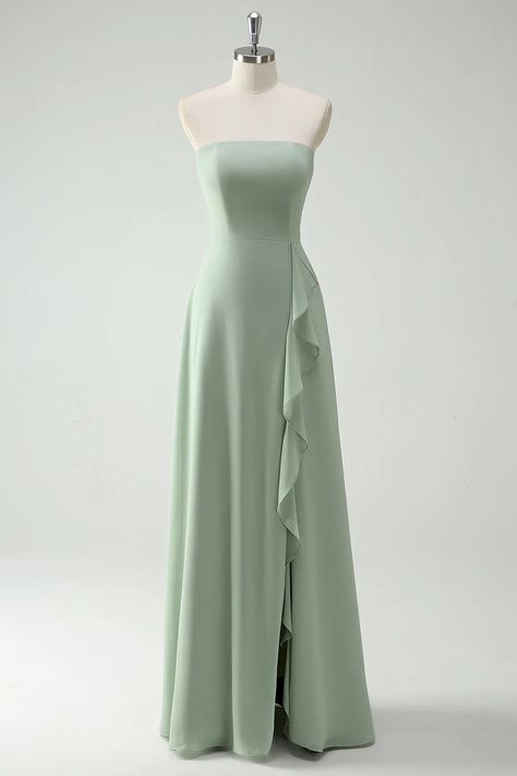 Beaira Elegant Dusty Sage A Line Strapless Chiffon Long Bridesmaid Dress with Ruffle Slit