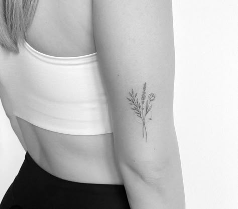 Moments Tattoo, Dainty Flower Tattoos, Dark Moments, Small Girly Tattoos, Lavender Tattoo, Bouquet Tattoo, Small Flower Tattoos, Elbow Tattoos, Flower Tattoo Arm