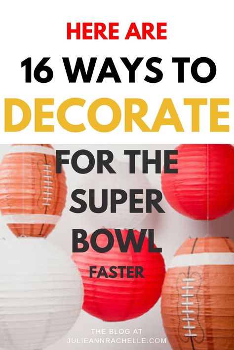 Learn how to decorate faster for your Super Bowl party by using these 16 ideas for decorations, food storage, and seating. Click here to read #affiliatelink #afflink #superbowl #decorating Chiefs Super Bowl Decorations, Small Superbowl Party, Super Bowl Decorations Ideas, Superbowl Party Ideas Decoration, Diy Super Bowl Decorations, Super Bowl Party Decorations Diy, Super Bowl Party Decor, Super Bowl Party Ideas Decorations, Superbowl Party Decorations Diy