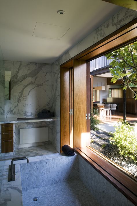 Samford House: Marble bathroom with bespoke timber window frame. See more at http://blighgraham.com.au/projects/samford-house-1 Marble Window Frame, Timber Window Frames, Zen Retreat, Marble Frame, Timber Windows, Roman Baths, Sliding Windows, Marble Bathroom, Window Frame