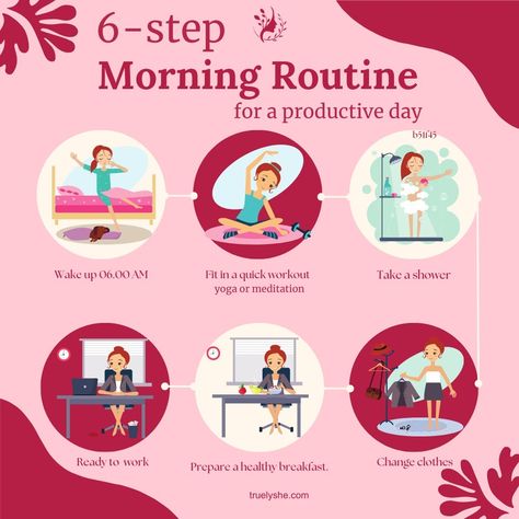 6-step morning routine for a productive day☀📈- 1. Wake Up at 6 AM ⏰: Starting the day early gives you a head start and some precious 'me' time. Embrace the quiet morning hours and watch your productivity soar! 2. Fit in a Quick Workout 💪: Get your blood pumping with a 20-minute workout. Whether it's yoga, a run, or some home exercises, physical activity energizes your body and mind. 3. Take a Shower 🚿: A quick shower rejuvenates and refreshes you, helping you feel ready to take on the day... Tidy Workspace, Morning Routine Productive, Home Exercises, Quiet Morning, 20 Minute Workout, Productive Morning, Productive Day, Healthy Lifestyle Tips, Take A Shower