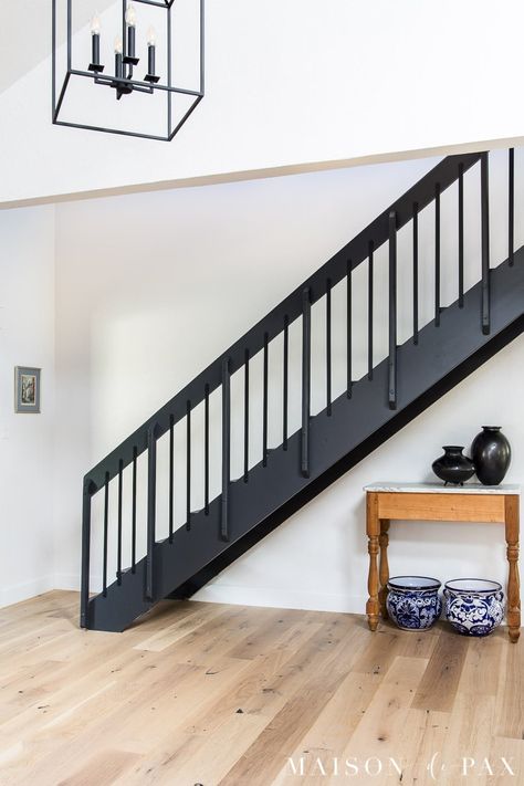 A Frame Staircase, 80s Staircase Makeover, Black Railings For Stairs, Black Iron Stair Railing, Painted Stair Railings, Railing Makeover, Black Stair Railing, Stair Railing Makeover, Diy Staircase Makeover