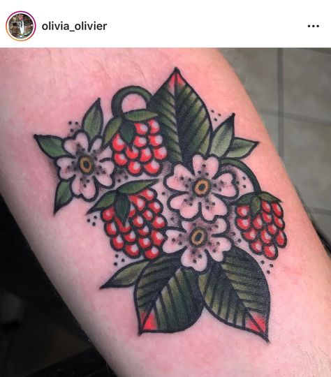 Raspberry Flower Tattoo, American Traditional Raspberry Tattoo, Salmonberry Tattoo, Traditional Raspberry Tattoo, Blackberry Tattoo Traditional, American Traditional Pomegranate Tattoo, Raspberry Branch Tattoo, Traditional Fruit Tattoo, Raspberry Tattoo