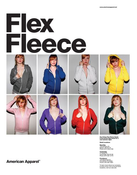 Flex Fleece. American Apparel classic adverts. #americanapparel #helvetica American Apparel Ad, Mysterious Girl, Ad Template, American Clothing, Vogue Fashion, American Apparel, Fashion Magazine, Business Women, Fashion Brand