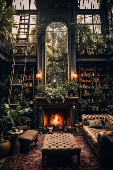 Kitchen With Solarium, Nature Theme Living Room, Room Aesthetic White, Witchy Living Room, Moody Garden, Home Ideas Kitchen, Guys Room Aesthetic, Green Library, Moody Green