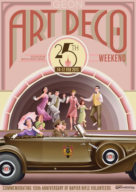 Napier Art Deco Weekend Poster for 2013 Napier Art Deco, Art Deco Posters Illustrations, Art Deco Graphic Design, Weekend Poster, Napier New Zealand, 80s Art Deco, Art Deco Car, Art Deco Illustrations, Miami Art Deco