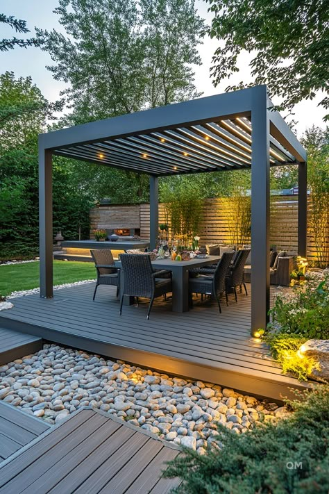 Cozy outdoor dining area with a modern pergola and ambient lighting, perfect inspiration for rustic industrial house design exterior or modern small home design. Minimalist Pergola, Sunshade Ideas, Cozy Backyard Patio, Small Garden Landscaping, Paver Patio Designs, Pergola Patio Ideas, Minimalist Landscaping, Luxurious Backyard, Contemporary Backyard