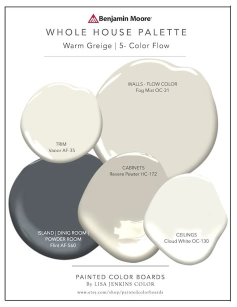 WARM GREIGE Whole House Paint Palette SET of 5 Painted - Etsy Neutral Paint Palette, Dove Wing, Greige Paint, Grey Owl, Color Boards, Open Concept Home, House Color Palettes, Revere Pewter, Tiny Cottage