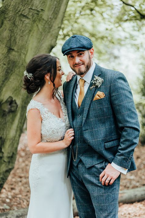 Groom Groomsmen Blue Suits Waistcoats Hat Flat Cap Hazlewood Castle Woodland Wedding Nicola Mackrill Photography #Groom #Groomsmen #BlueSuits #Waistcoats #Wedding #FlatCap Groom In Hat, Vintage Wedding Groom Attire, Groom Hat Wedding, Groom With Hat, Creative Suits, Vintage Wedding Groom, Wishing Wells, Suits Groom, Black And White Wedding Theme