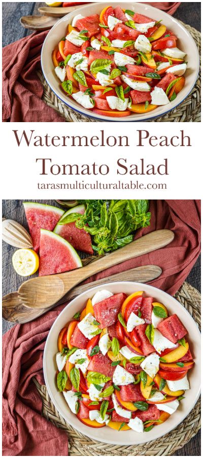 Watermelon Peach Tomato Salad in a large bowl next to wooden spoons and watermelon slices. Watermelon Peach Salad, Salad Watermelon, Savory Recipe, Tomato Salad Recipes, Peach Salad, Easy Salad, Summer Meals, Summer Grilling Recipes, Watermelon Salad