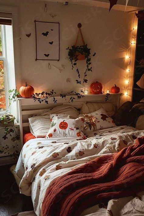 #halloweendecor #spookydecor #halloweenideas #halloweencrafts #halloweeninspiration #halloweendiy #halloweenparty #halloweenhome #halloweenfun  ... daha fazla Cozy Halloween Bedroom, Halloween Themed Bedroom, 200 Aesthetic, Simple Halloween Decor, Popular Home Decor, Indoor Halloween Decorations, Halloween Bedroom Decor, Cozy Dorm Room, Fall Room Decor