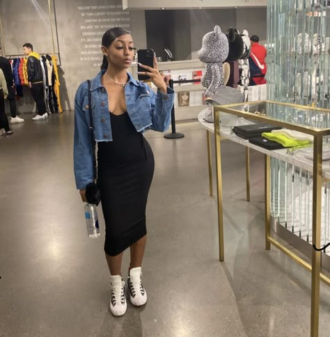 Midi Bodycon Dress With Sneakers, Nike With Dress Outfit, Long Bodycon Dress Outfit With Sneakers, Gown And Sneakers Outfit, Long Sleeve Mini Dress Outfit, Skims Dress With Jean Jacket, Dress With Jean Jacket Outfit, Dresses With Sneakers Black Women, Dresses And Sneakers Outfit Black Women