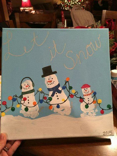 Family snowmen footprints Grandparents Christmas, Footprint Crafts, Easy Canvas, Footprint Art, Handprint Crafts, Daycare Crafts, Preschool Christmas, Handprint Art, Christmas Canvas