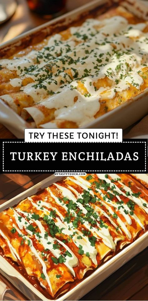 I can't wait to share my mouthwatering turkey enchiladas with you! Topped with creamy sauce and fresh herbs, these are perfect for a cozy dinner. Trust me, your taste buds will thank you! Let's get cooking! Health Turkey Recipes, Easy Turkey Dinner Recipes, Turkey Meat Meals, Turkey Enchiladas Healthy, Meals With Turkey, Turkey Dinner Ideas, Turkey Dinner Recipes, Ground Turkey Enchiladas, Turkey Recipes Healthy