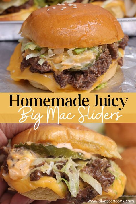 Beefy, cheesy and oh so fresh! Homemade big mac sliders with the BEST Big Mac Sauce! They disappear quick! Cucumber Tea Sandwich, Big Mac Sliders, Hawaiian Sliders, Mac Sauce Recipe, Homemade Big Mac, Party Food Snacks, Big Mac Sauce, Mac Sauce, Divas Can Cook