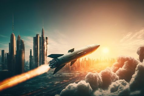 A rocket flying above a modern city ball... | Premium Photo #Freepik #photo #rocket-smoke #military-aircraft #jet #missile Rocket Flying, Lion Wallpaper, Modern City, Military Aircraft, Premium Photo, Rocket, Aircraft, Lion, Stock Photos