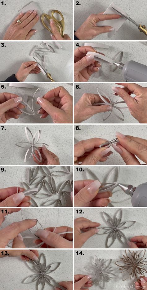 Save your toilet paper rolls and turn them into free Christmas ornaments by making super easy toilet paper roll snowflakes. #christmasornaments #DIYchristmasornaments #christmasdecor #Christmascrafts Toilet Paper Roll Tree Topper, Paper Towel Roll Ornaments, Paper Towel Roll Snowflake, Toilet Roll Snowflake, Toilet Roll Stars, Toilet Paper Christmas Ornaments, Toilet Paper Roll Star Ornament, Toilet Paper Roll Christmas Ornaments, Paper Toilet Roll Crafts