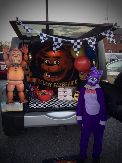 Five Nights at Freddy’s trunk or treat! Fnaf Trunk Or Treat, Five Nights At Freddy's Halloween, Nightmare Before Christmas Truck Or Treat, Five Nights At Freddy’s Trunk Or Treat, Stuffed Animal Trunk Or Treat, Monster Truck Trunk Or Treat, Trunk Or Treat Ideas For Cars Monster, Halloween Car Decorations, Hocus Pocus Witches