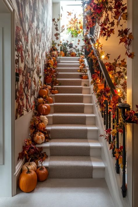 Fall Staircase Decor, Fall Staircase, Garland For Staircase, Wedding Staircase Decoration, Wedding Staircase, Staircase Decor Ideas, Decor For Halloween, Aesthetic Bedroom Decor, Spooky Fall