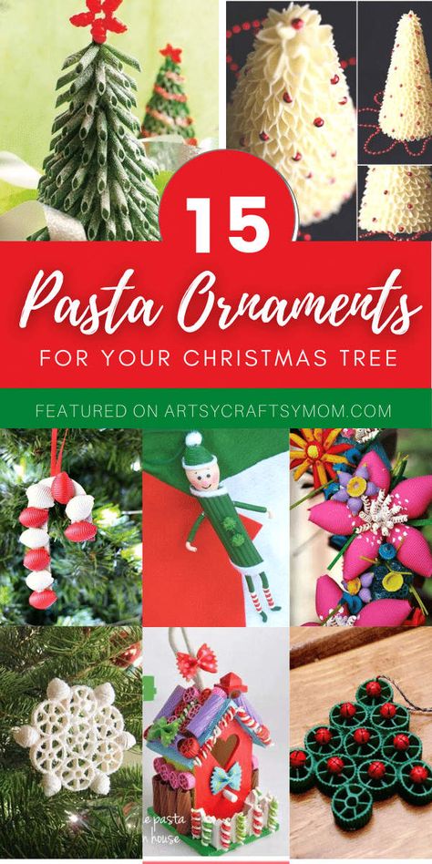 15 Easy Pasta Ornaments to make for Christmas with Kids! - Artsy Craftsy Mom Kids Diy Christmas Ornaments, Pasta Ornaments, Pasta Tree, Dye Pasta, Old Fashioned Christmas Tree, Easy Diy Christmas Tree, Christmas Crafts Diy Kids, Kids Crafts Ornaments, Macaroni Crafts