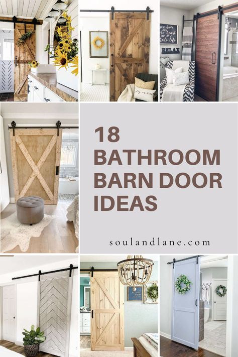 Boost your bathroom's style quotient with ideas that add rustic charm and functionality through barn doors. Explore various designs and finishes that complement your bathroom decor. Click through to uncover ideas that will make your bathroom's style truly stand out. Barn Door Bathroom Closet, Bathroom Farmhouse Door, Farm Door Bathroom, Farm Doors Sliding Bathroom, Bathroom Entry Door Ideas, Barn Door Bathroom Ideas, Barn Doors In The House Bathroom, Barn Door In Bathroom, Barn Bathroom Door