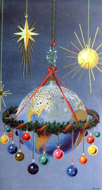 1950's vintage illustration, atomic, space age Christmas, planet. Baubles, sputniks and stars. Modern Christmas Ornaments, Vintage Holiday Cards, Christmas Illustrations, 4 December, Vintage Christmas Images, Mid Century Christmas, Christmas Graphics, Old Christmas, Noel Christmas