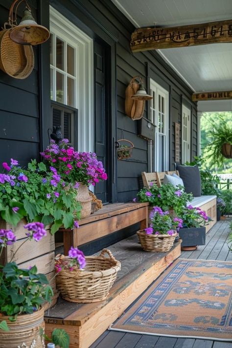 Long Narrow Porch decor ideas — Hausmatter Narrow Porch Decor, Narrow Front Porch Ideas, Narrow Porch, Rustic Porch Ideas, Summer Front Porch Decor, Front Porch Decor Ideas, Cozy Summer, Cottage Porch, Porch Sitting