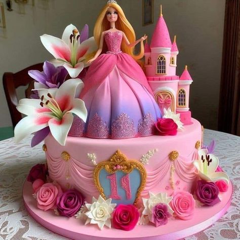 Barbie Cake Birthday Princesses, Barbie Bday Cake, Barbie Doll Cake Ideas, Doll Cake Design Birthday Parties, Cake With Barbie On Top, Doll Cakes Ideas Princess, Barbie Fondant Cake Design, Simple Barbie Cake Design, Princess Doll Cake