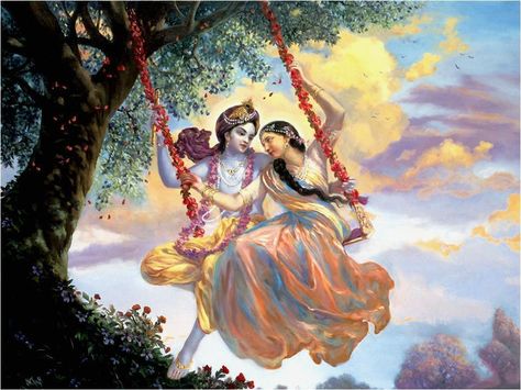 z- Lord Krishna & Radha- On Swing (Hindu Mythology) Radha Krishna Jhula Images, Ancient Indian Paintings, Krishna Birth, Hari Krishna, Art Krishna, Radha Painting, Radha Krishna Wallpaper, Krishna Wallpapers, Krishna Ji