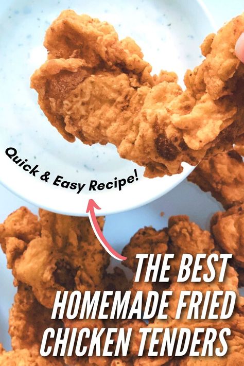 Here is the recipe for the best, quick and easy crispy chicken tenders. These fried, delicious chicken strips make a great lunch or dinner idea. Try this simple homemade recipe now! Fried Chicken Tenders Recipe Easy, Chicken Tender Batter Recipe, Best Homemade Fried Chicken, Homemade Fried Chicken Tenders, Chicken Breast Strips Recipes, Batter For Chicken Tenders, Tender Recipes, Homemade Chicken Strips, Crunchy Chicken Tenders