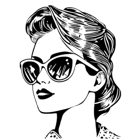 A woman with sunglasses on her face is w... | Premium Vector #Freepik #vector #sunglasses #glasses #eyewear #rockabilly Sunglasses Drawing, Woman With Sunglasses, Drawing Of A Woman, Hair In A Bun, White Drawing, Woman Drawing, Black And White Drawing, Bun Hairstyles, Wearing Black