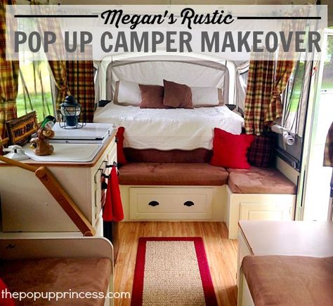 Megan’s Pop Up Camper Makeover: This cute, rustic pop up trailer makeover was completed on a small budget. The cabin theme is perfect for a home away from home. Pop Up Camper Remodel, Tent Trailer Remodel, Pop Up Princess, Trailer Makeover, Popup Camper Remodel, Pop Up Tent Trailer, Pop Up Truck Campers, Small Camper, Cabin Theme