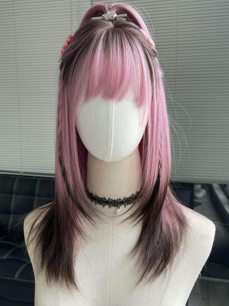 Pink Dyed Short Hair, Brown And Pink Hair Ombre, Pink Hair With Black Highlights, Pink Hair Black Tips, Black Hair With Pink Bangs, Fun Dyed Hair, Pink Highlights Black Hair, Black To Pink Ombre Hair, Pink Hair With Black Tips